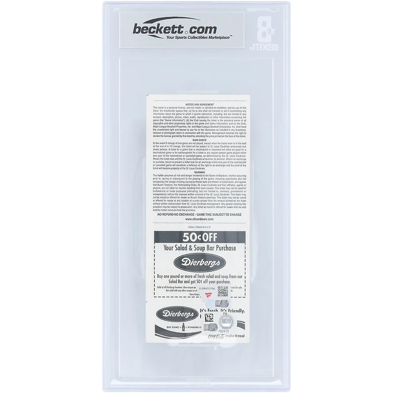 Billet authentifié par Beckett Fanatics Witnessed Auto 10 du 30 septembre 2005, signé par Albert Pujols des Cardinals de Saint-Louis, pour son 200e coup de circuit en carrière. Inscription « 200e coup de circuit en carrière ».