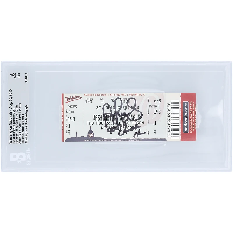 Billet authentifié par Beckett Fanatics Witnessed, daté du 26 août 2010