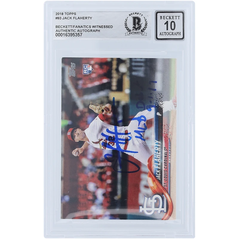 Jack Flaherty St. Louis Cardinals a autographié la carte Topps #93 Beckett 2018 authentifiée des fanatiques avec l'inscription "MLB Debut 9-1-17"