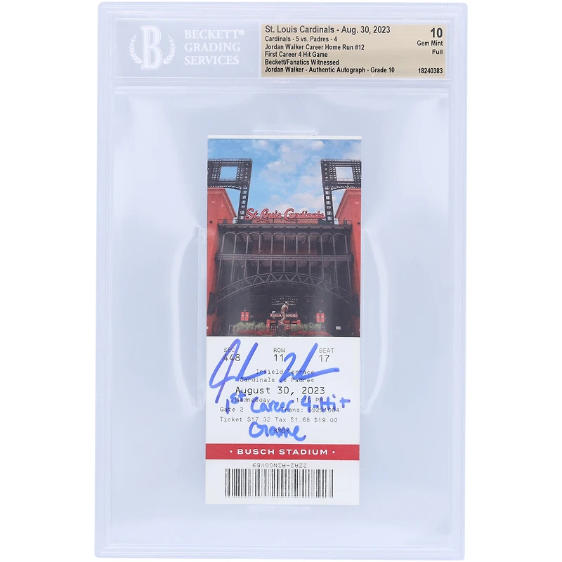 Jordan Walker St. Louis Cardinals Autographed 1st Career 4 Hit Game Beckett Fanatics Witnessed Authenticated 10/10 Ticket from August 30, 2023 with "1st Career 4-Hit Game" Inscription