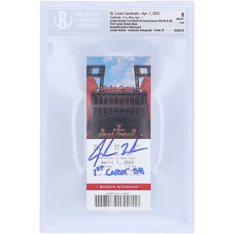Jordan Walker St. Louis Cardinals Autographed 1st Multi-Hit & First Stolen Base Beckett Fanatics Witnessed Authenticated /10 Ticket from April 1
