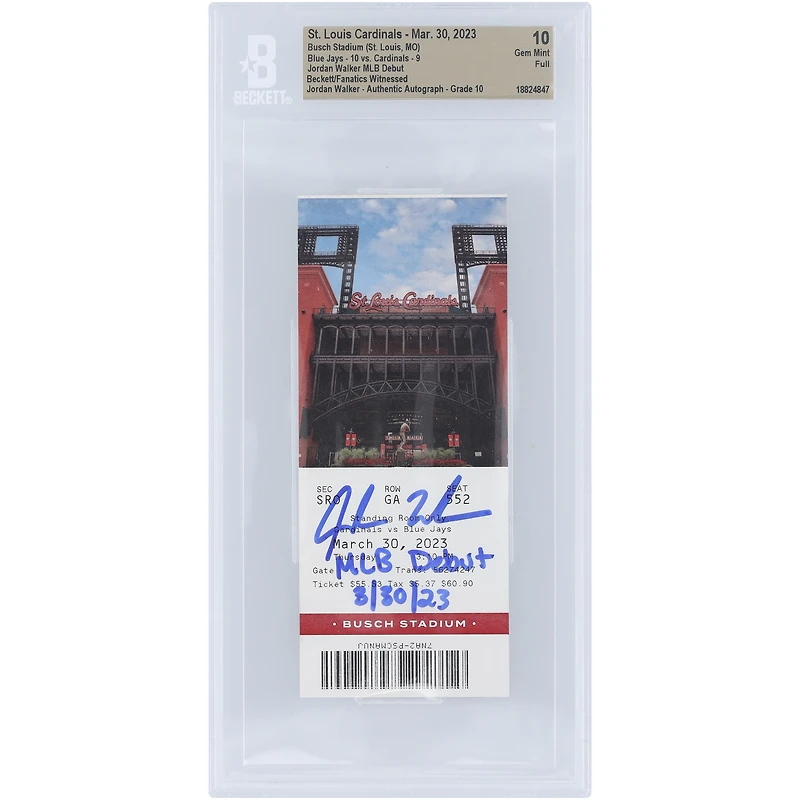 Billet authentifié par Beckett Fanatics Witnessed, daté du 30 mars 2023 et signé par Jordan Walker pour son premier match en MLB avec les Cardinals de Saint-Louis. Inscription : « Début en MLB le 30/03/2023 ».