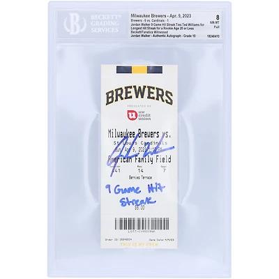 Jordan Walker St. Louis Cardinals Autographed Ties Longest Hit Streak for Rookie Age 20 or Less Beckett Fanatics Witnessed Authenticated /10 Ticket from April 9