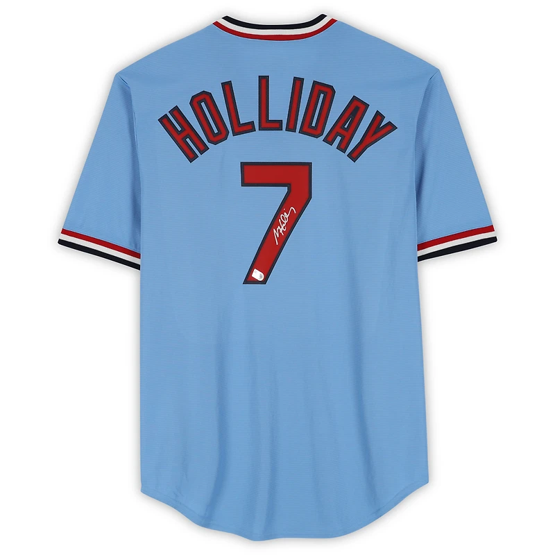 Maillot réplique Nike Cooperstown bleu clair autographié par Matt Holliday des Cardinals de Saint-Louis