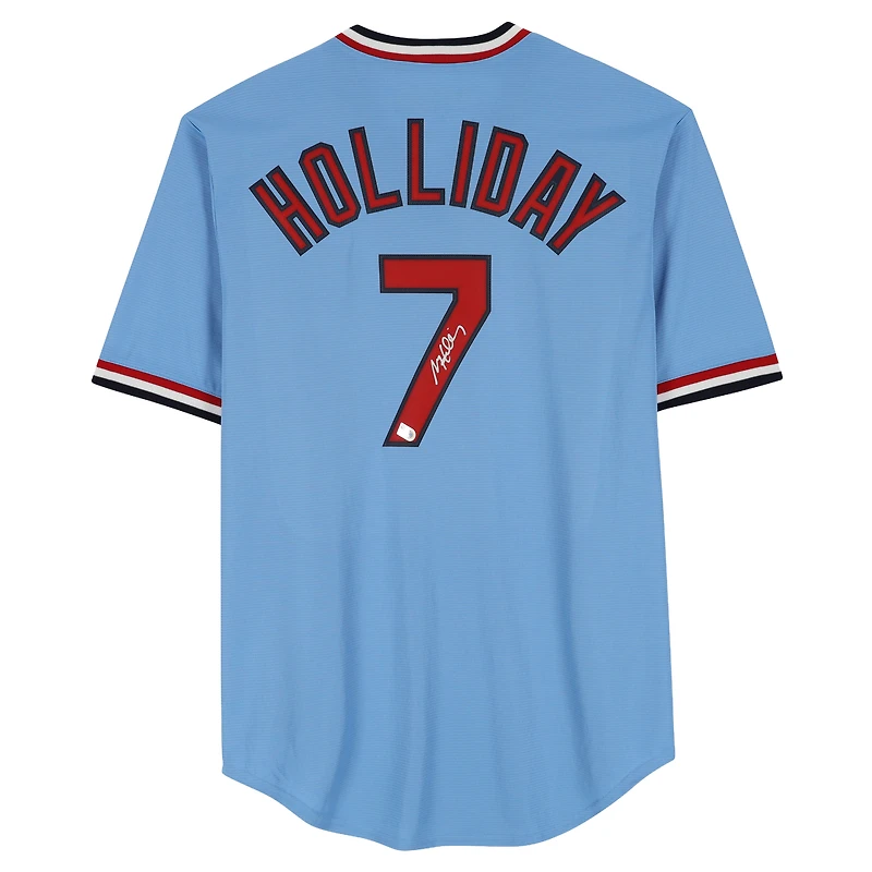 Maillot réplique Nike Cooperstown bleu clair autographié par Matt Holliday des Cardinals de Saint-Louis