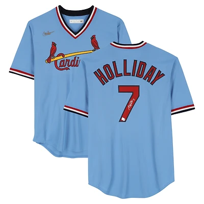 Maillot réplique Nike Cooperstown bleu clair autographié par Matt Holliday des Cardinals de Saint-Louis