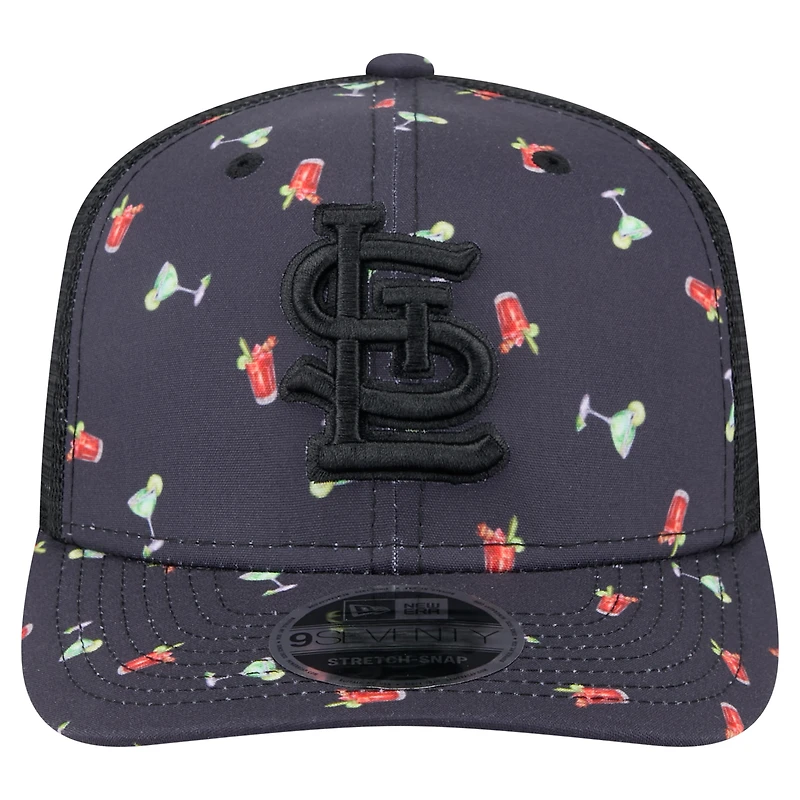 Men's New Era Black St. Louis Cardinals Adventure Drinks Pattern 9SEVENTY Stretch-Snap Hat