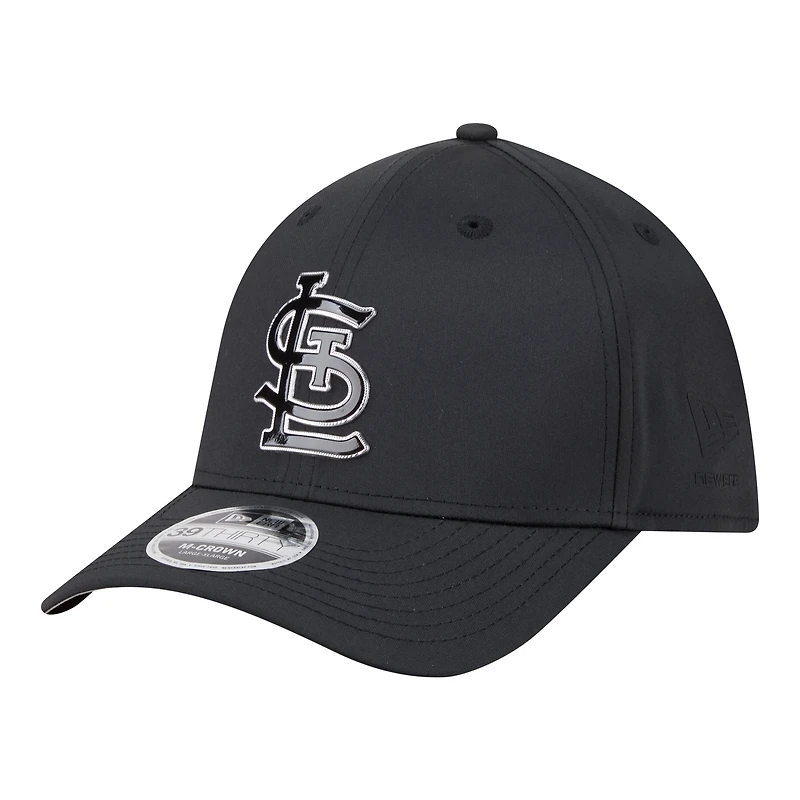 Casquette New Era noire pour homme, modèle St. Louis Cardinals, 39THIRTY M-Crown Flex, métallisée.
