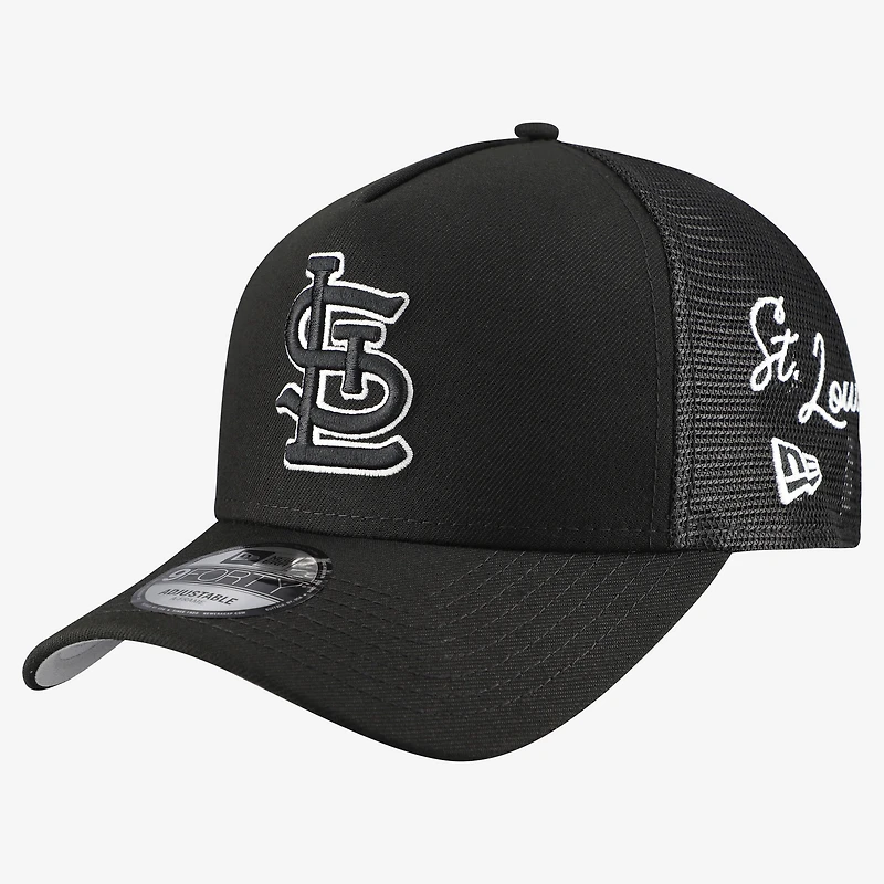 Casquette trucker New Era noire pour homme, logo St. Louis Cardinals, inscription latérale 9FORTY, modèle A-Frame ajustable