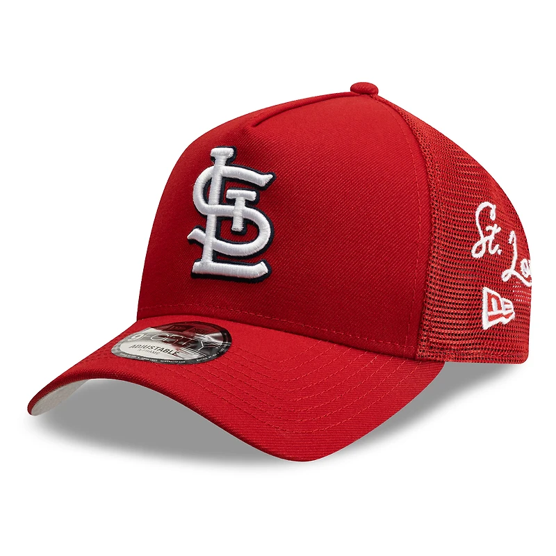 Men's New Era Red St. Louis Cardinals Side Script 9FORTY A-Frame Trucker Adjustable Hat