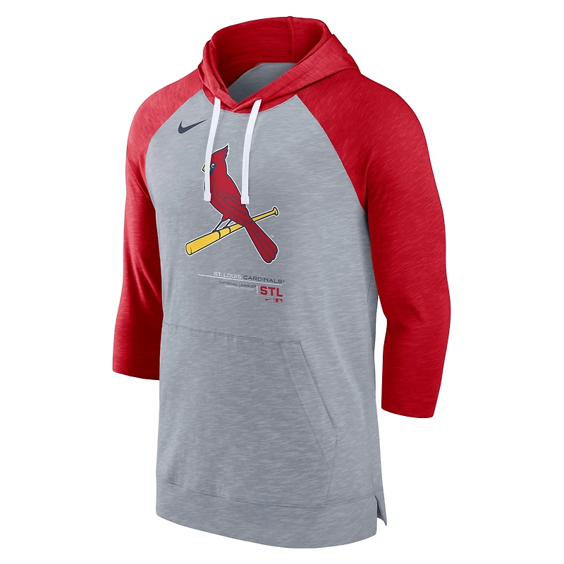 Chandail à capuchon manches 3/4 raglan baseball St. Louis Cardinals Nike pour homme, gris chiné/rouge chiné
