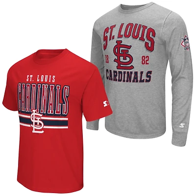 Ensemble de deux t-shirts à manches longues et courtes Starter pour homme, gris chiné/rouge, St. Louis Cardinals