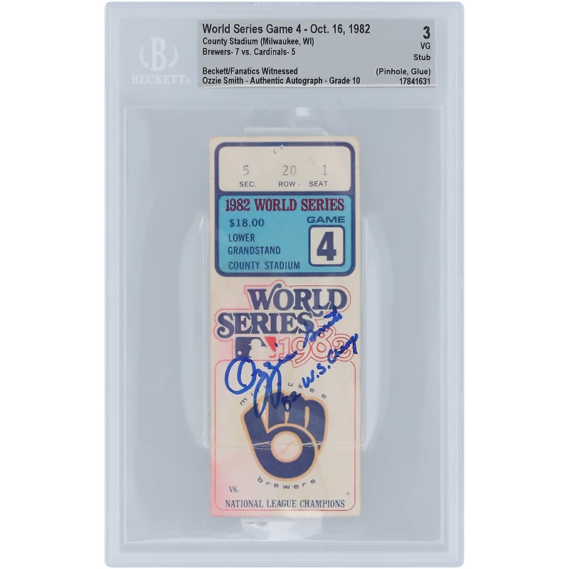 Billet authentifié 3/10 d'Ozzie Smith pour le match 4 des Séries mondiales 1982 des Cardinals de St. Louis, daté du 16 octobre 1982 et portant l'inscription « W.S. Champ », présenté par des fans de Beckett.