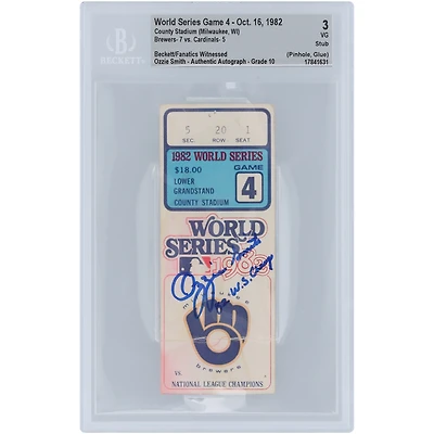 Billet authentifié 3/10 d'Ozzie Smith pour le match 4 des Séries mondiales 1982 des Cardinals de St. Louis, daté du 16 octobre 1982 et portant l'inscription « W.S. Champ », présenté par des fans de Beckett.