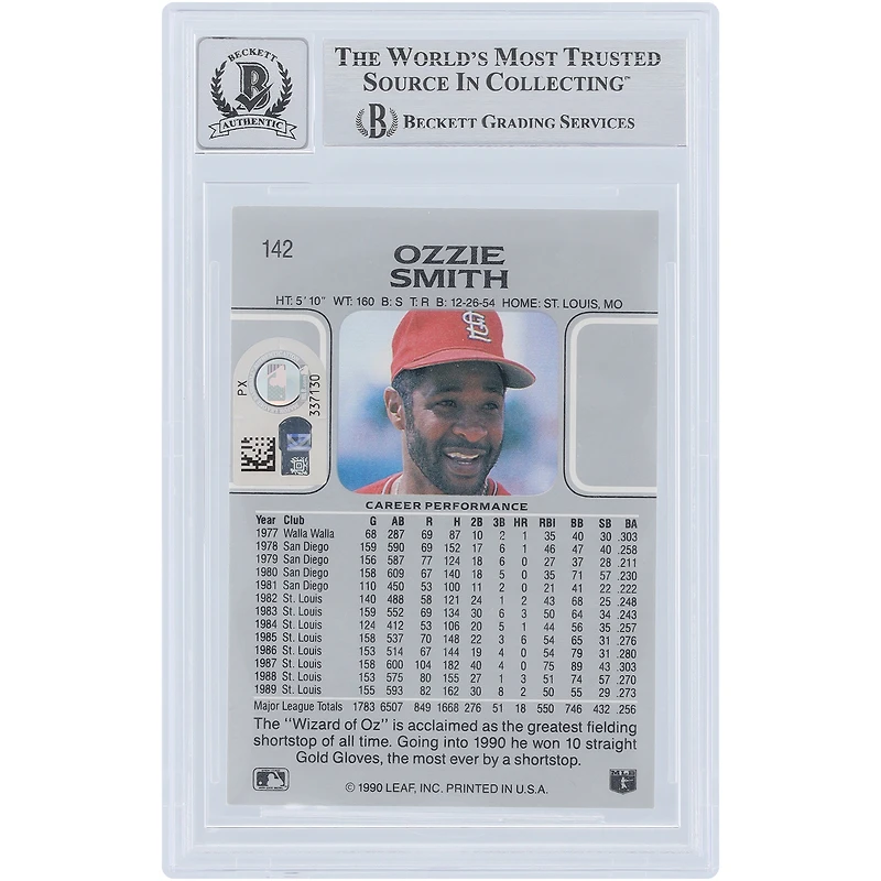 Carte autographiée par Ozzie Smith (St. Louis Cardinals) de 1990, Leaf n° 142, authentifiée Beckett Fanatics Witnessed (9/10).