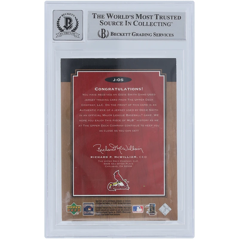 Ozzie Smith St. Louis Cardinals Autographed 2001 Upper Deck Legends Legendary Game Jersey Relic #J-OS Beckett Fanatics Witnessed Authenticated 10 Card