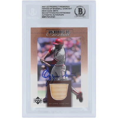 Ozzie Smith St. Louis Cardinals Autographed 2001 Upper Deck Prospect Premieres Heroes of Baseball Bat Relic #B-OS Beckett Fanatics Witnessed Authenticated Card