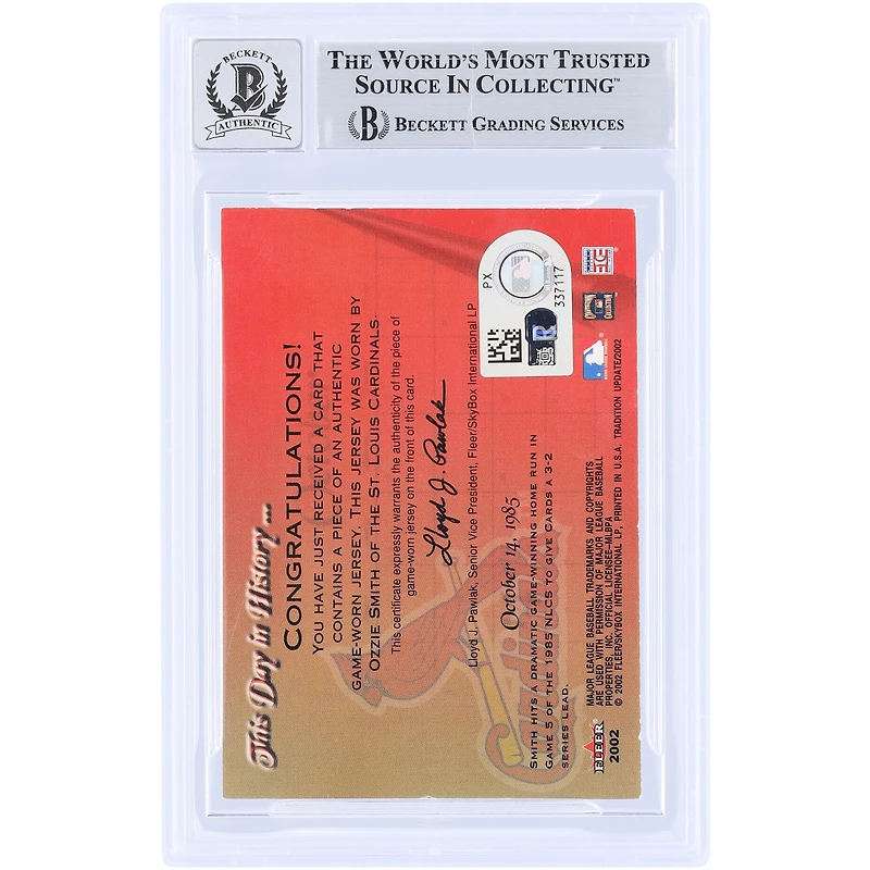 Ozzie Smith St. Louis Cardinals Autographed 2002 Fleer Tradition This Day in History Relic #TDH-OZ Beckett Fanatics Witnessed Authenticated 10 Card