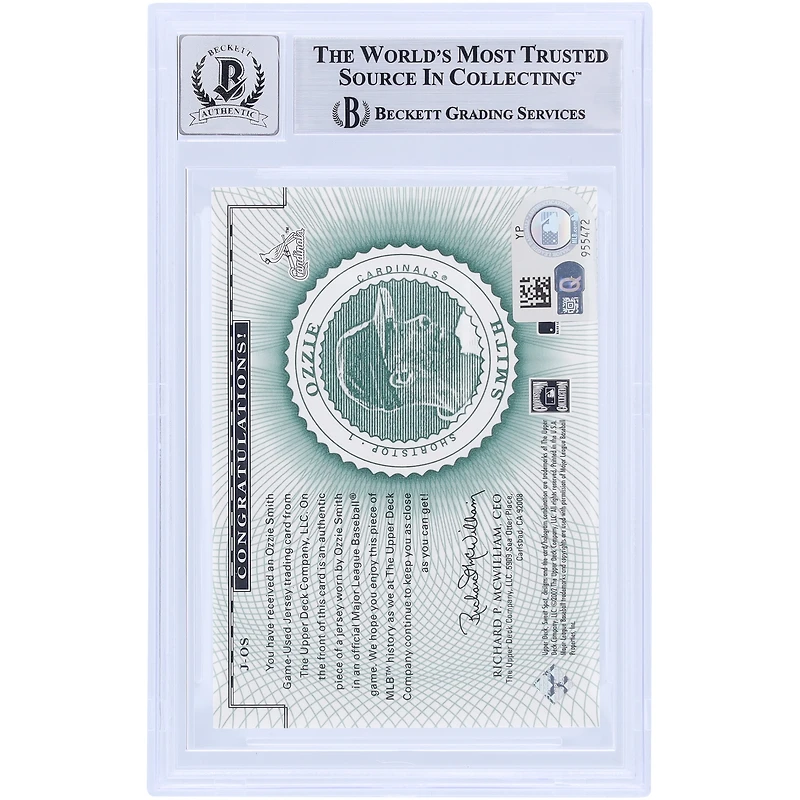 Ozzie Smith St. Louis Cardinals Autographed 2002 Upper Deck Sweet Spot Classic Game Jersey Relic #J-OS Beckett Fanatics Witnessed Authenticated /10 Card