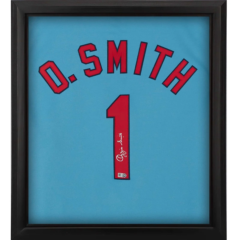 Maillot authentique Mitchell & Ness bleu clair encadré autographié par Ozzie Smith des Cardinals de St. Louis Shadowbox