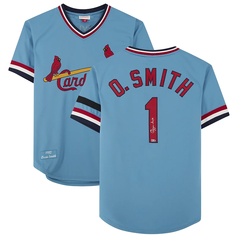 Maillot authentique Mitchell & Ness bleu clair autographié par Ozzie Smith des Cardinals de St. Louis