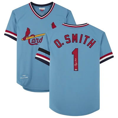 Maillot authentique Mitchell & Ness bleu clair autographié par Ozzie Smith des Cardinals de Saint-Louis