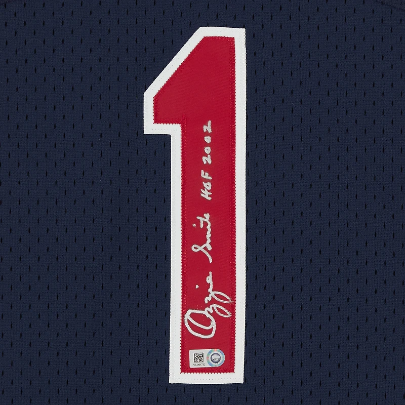 Maillot authentique dédicacé par Ozzie Smith des Cardinals de St. Louis, bleu marine, Mitchell & Ness, avec inscription « HOF 2002 »