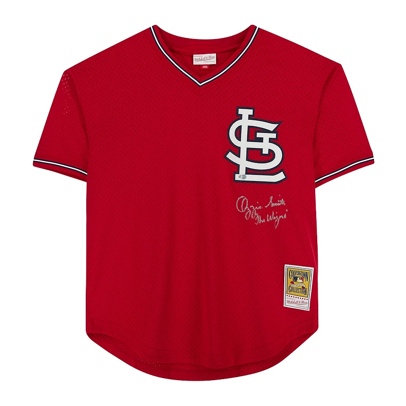 Ozzie Smith St. Louis Cardinals Autographed Red Mitchell & Ness Batting Practice Jersey with "The Wizard" Inscription - Signed in Silver on Front