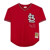 Ozzie Smith St. Louis Cardinals Autographed Red Mitchell & Ness Batting Practice Jersey with "The Wizard" Inscription - Signed in Silver on Front