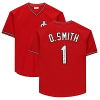 Maillot d'entraînement au bâton Scarlett Mitchell & Ness autographié par Ozzie Smith des Cardinals de Saint-Louis, avec inscription « HOF 2002 ».