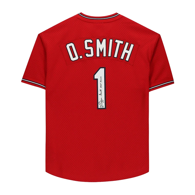 Ozzie Smith St. Louis Cardinals Autographed Scarlett Mitchell & Ness Batting Practice Jersey with "HOF 2002" Inscription