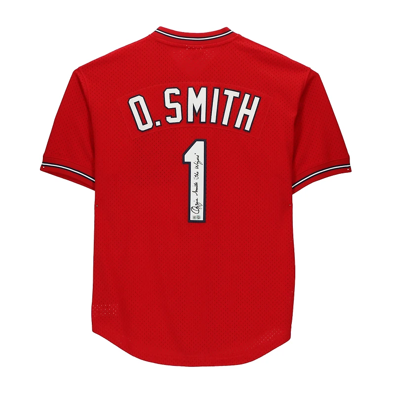 Ozzie Smith St. Louis Cardinals Autographed Scarlett Mitchell & Ness Batting Practice Jersey with "The Wizard" Inscription