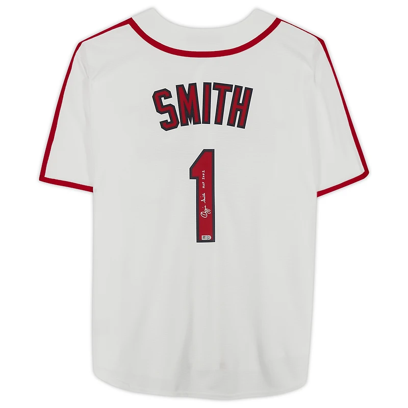 Maillot réplique blanc dédicacé par Ozzie Smith des Cardinals de St. Louis de la collection Nike Cooperstown avec inscription « HOF 2002 »