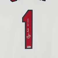 Maillot réplique blanc Nike Cooperstown Collection autographié par Ozzie Smith des Cardinals de Saint-Louis, avec inscription « HOF 2002 ».