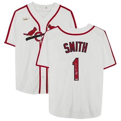 Maillot réplique blanc Nike Cooperstown Collection autographié par Ozzie Smith des Cardinals de Saint-Louis, avec inscription « HOF 2002 ».