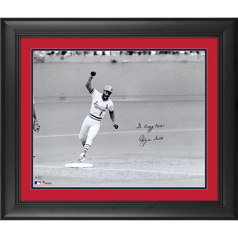 Photo encadrée et autographiée d'Ozzie Smith, des Cardinals de Saint-Louis, format 40 x 50 cm, commémorant son home run victorieux lors du match 5 de la série de championnat de la Ligue nationale de 1985, avec l'inscription « Allez les fous ! »