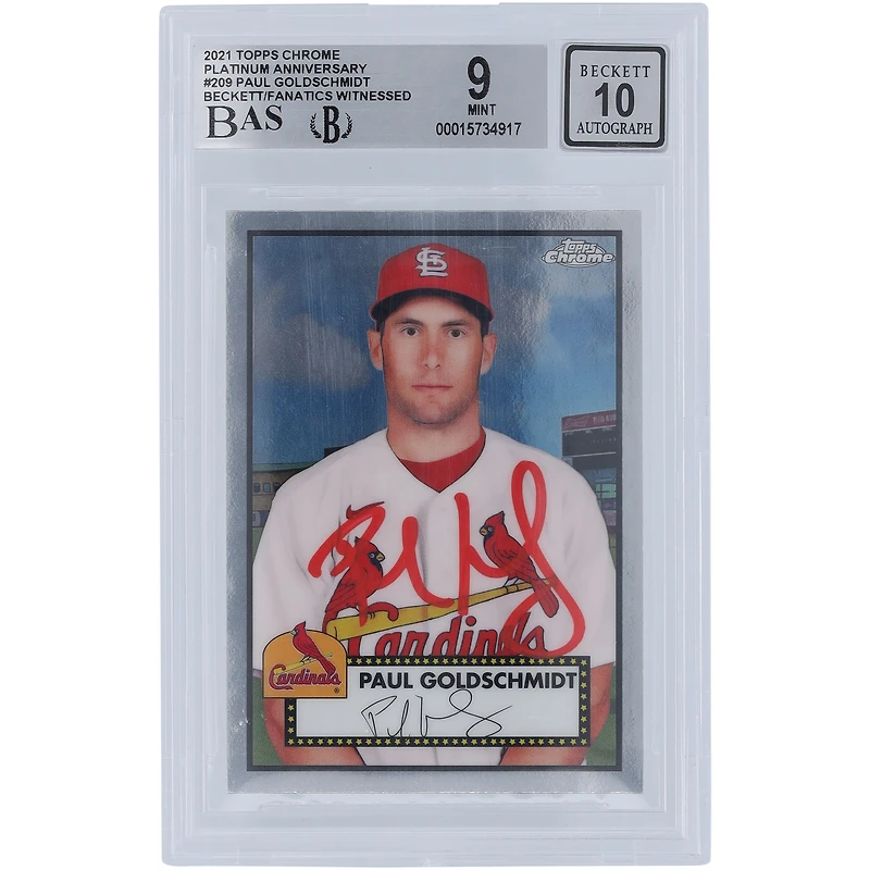 Paul Goldschmidt St. Louis Cardinals Autographié 2021 Topps Chrome #209 Beckett Fanatics Witnessed Authenticated 9/10 Card