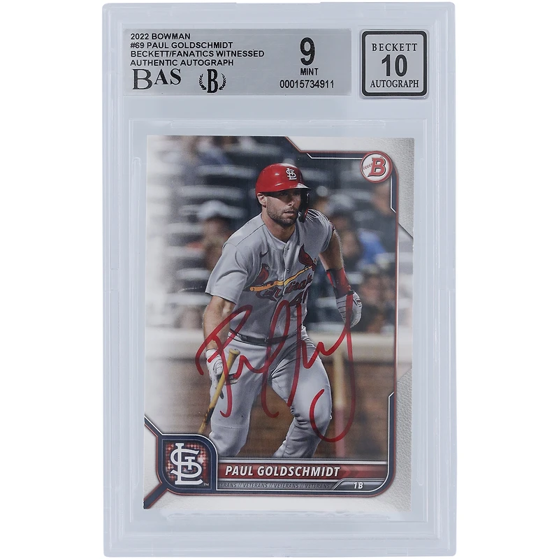 Paul Goldschmidt St. Louis Cardinals Autographié 2022 Bowman Série 1 #69 Beckett Fanatics Witnessed Authenticated 9/10 Card