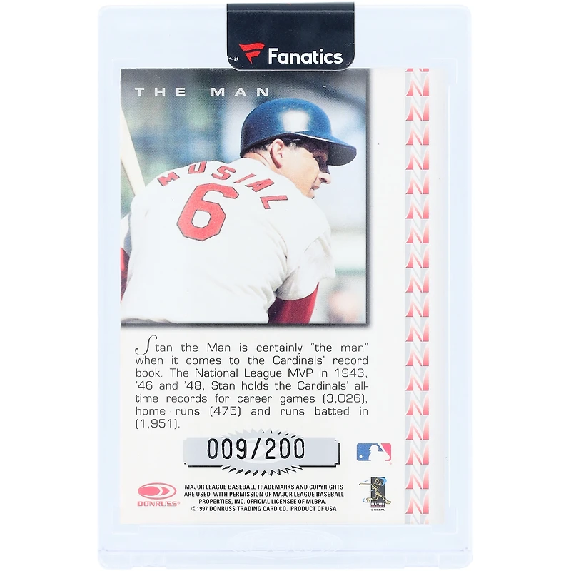 Carte autographiée de Stan Musial (St. Louis Cardinals) de la série Donruss Signature de 1997, numéro NNO, numéro 9/200, avec l'inscription « The Man ».