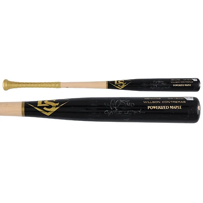 Bâton de baseball Louisville Slugger noir et beige autographié par Willson Contreras, utilisé lors d'un match des Cardinals de Saint-Louis pendant la saison 2025 de la MLB, avec inscription « Utilisé en match en 2025