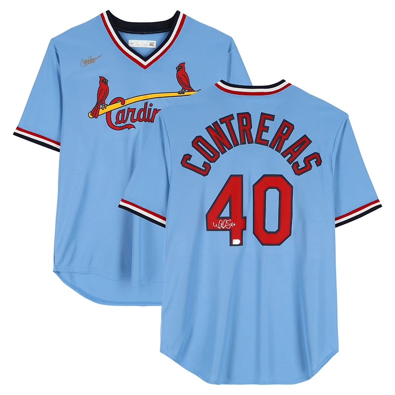Maillot réplique Nike Cooperstown bleu clair autographié par Willson Contreras des Cardinals de Saint-Louis