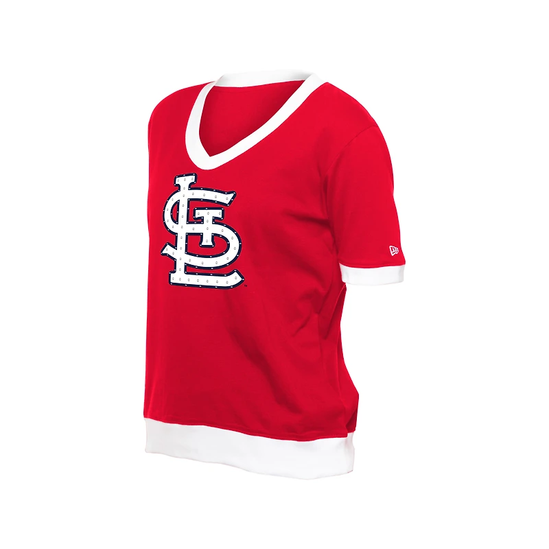 T-shirt à col en V rouge strass pour femme New Era St. Louis Cardinals Game Day