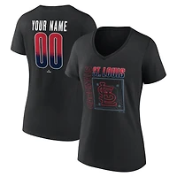 T-shirt noir à col en V pour femme, style St. Louis Cardinals, avec nom et numéro personnalisés, l'effigie du stade.