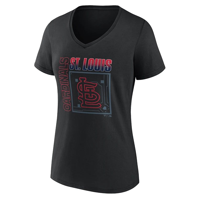 T-shirt noir à col en V pour femme, style St. Louis Cardinals, avec nom et numéro personnalisés, l'effigie du stade.