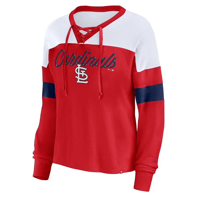 Women's Fanatics Red/White St. Louis Cardinals Even Match Lace-Up Long Sleeve V-Neck T-Shirt