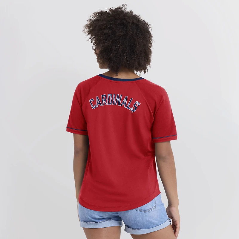 T-shirt à col en V raglan rouge pour femme avec logo Diva Star de la Ligue des Cardinals St. Louis