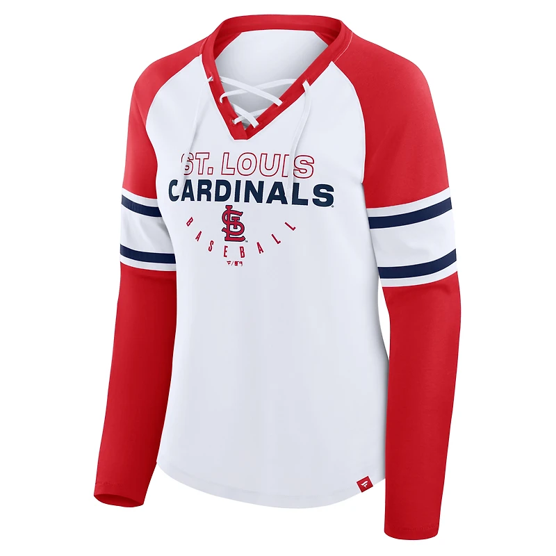 T-shirt à manches longues et col en V lacets raglan pour femme Fanatics blanc/rouge des Cardinals de Saint-Louis Blitz Package