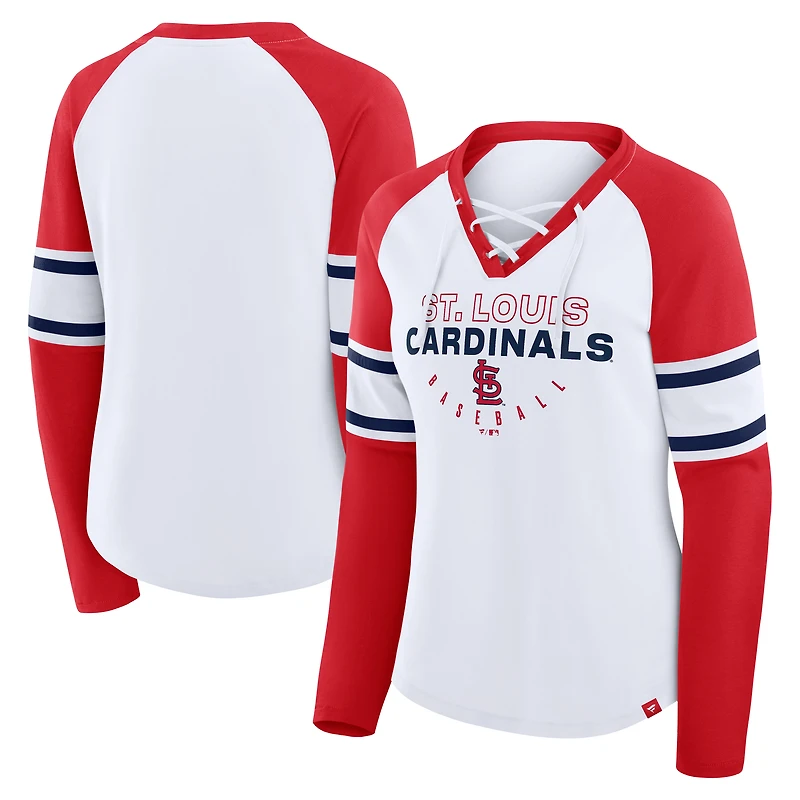T-shirt à manches longues et col en V lacets raglan pour femme, blanc/rouge, motif Blitz des Cardinals de Saint-Louis