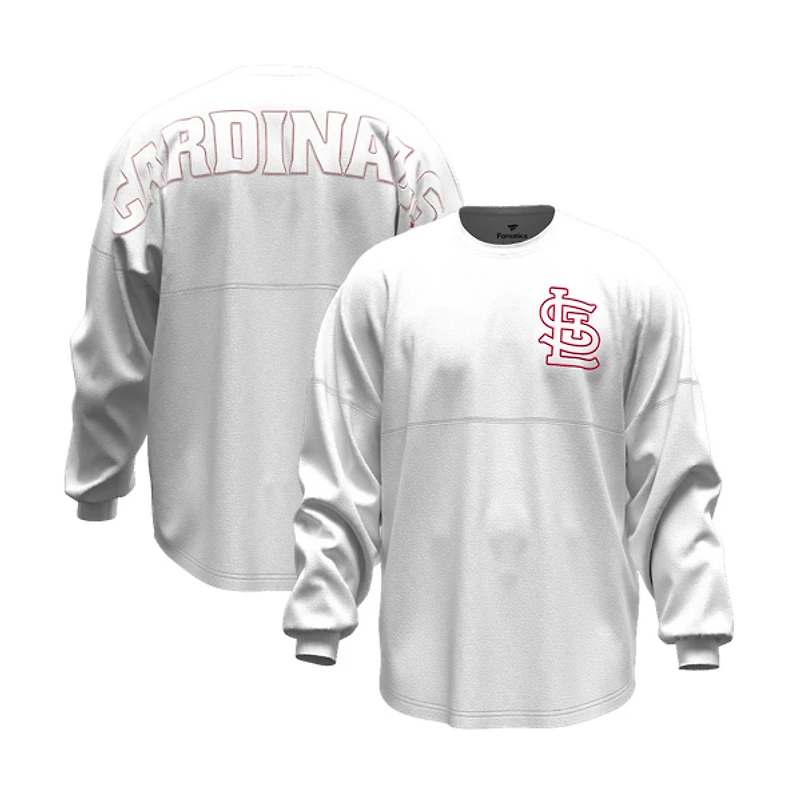 T-shirt à manches longues Fanatics blanc pour femmes, motif St. Louis Cardinals, style baseball.