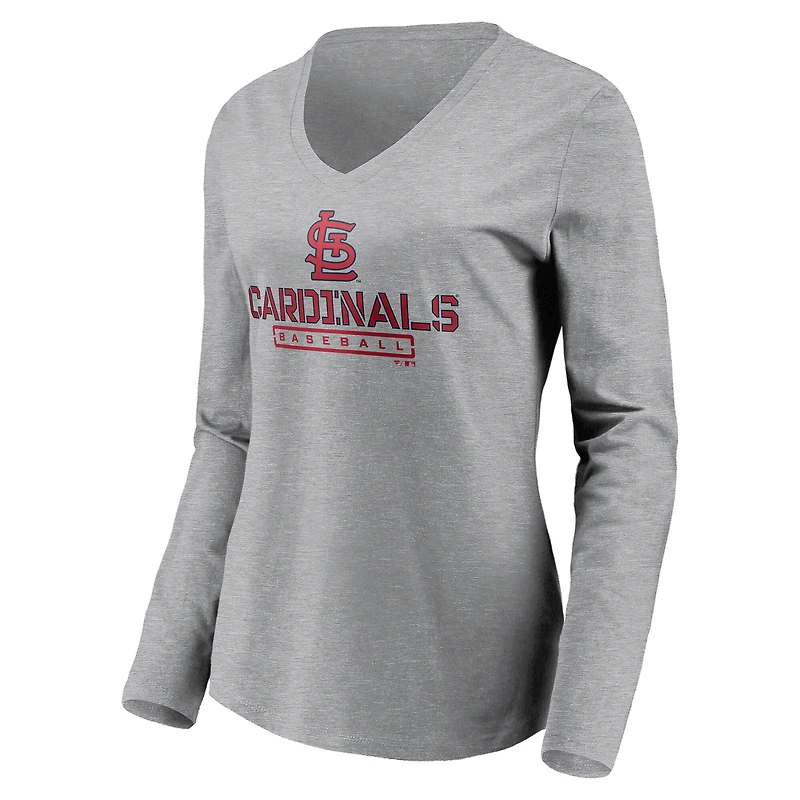 Women's Gray St. Louis Cardinals Evanston Stencil Long Sleeve V-Neck T-Shirt